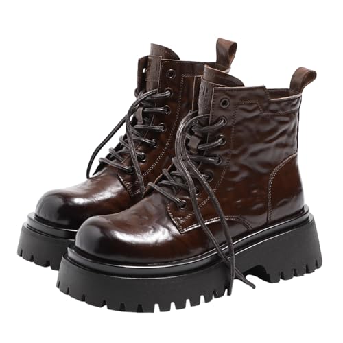 NXNBHSL Women’s Leather Platform Combat Ankle Boots Fashion Comfort Lace-Up