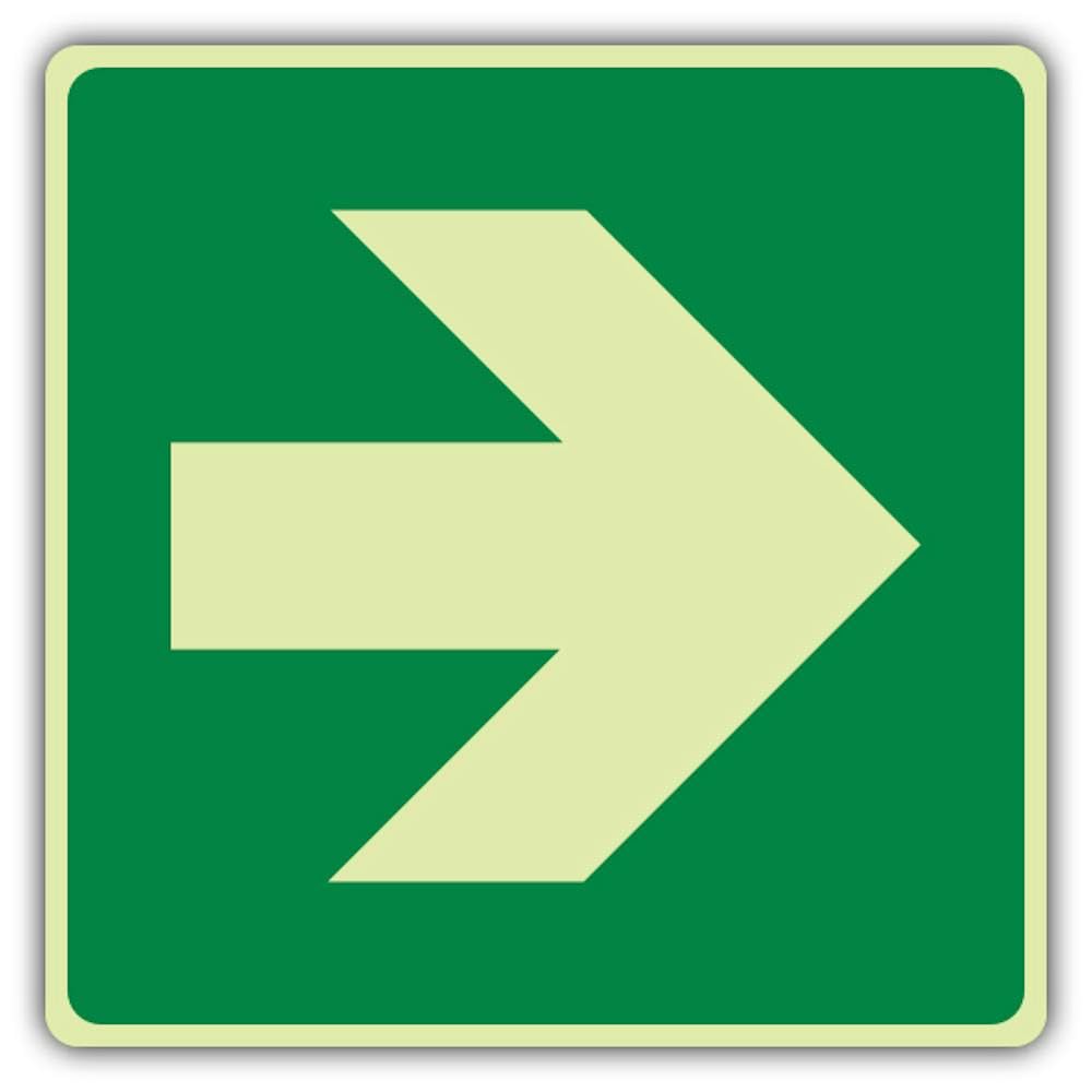 V Safety - Señal de flecha derecha que brilla en la oscuridad, formato cuadrado, 450 x 450 mm, hecha de plástico rígido de triple brillo, señalización de seguridad contra incendios, fabricado en Gran