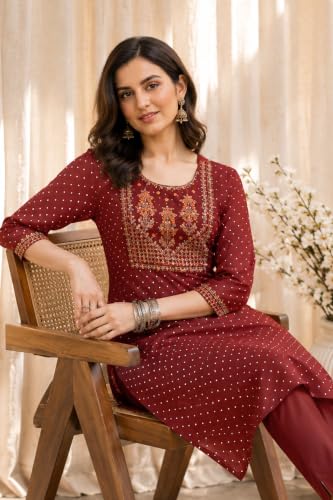 Image of MIRCHI FASHION Women's Straight Fit Rayon Sequins Embroidered and Polka Dots Printed Kurti Only