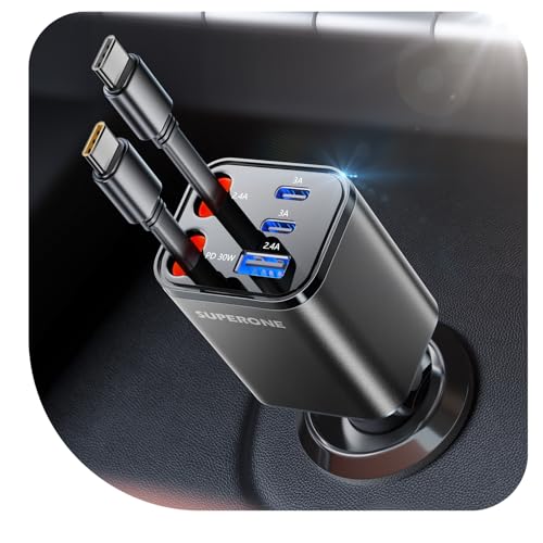 【2026 Ultra-Compact】 SUPERONE Retractable Car Charger, 5 in 1 Car Phone Charger with Dual Type C Cables, 84W Fast Charging USB C Car Accessories Adapter for iPhone 17/16/15/14/13/12/11, Galaxy, Pixel