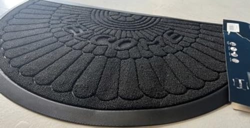 Image of orientalrugcompany Doormats Half Moon Rubber Edged Rugs/Mats 45cm x 75cm Easy Clean soft Pile Outside Inside Mats Home in Black Welcome