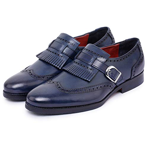 Lethato Men's Wingtip Brogue Kiltie Monk Strap Loafer Dress Shoes- Navy