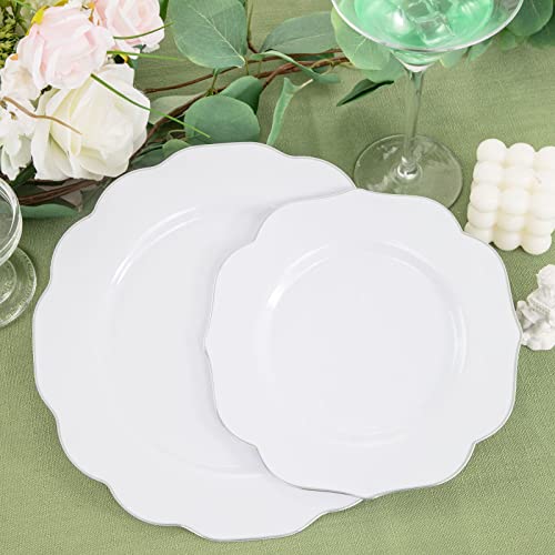 Noccur 120Pcs Silver Plastic Plates-Include 60Pcs Sliver Rim Disposable Dinner Plates And 60Pcs Salad/Dessert Plates For Wedding And Summer Party #TOP3