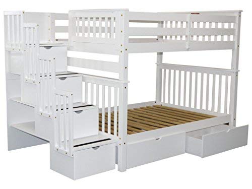 Bedz King Stairway Bunk Beds Full Over Full With 4 Drawers In The Steps And 2 Under Bed Drawers, White #TOP1