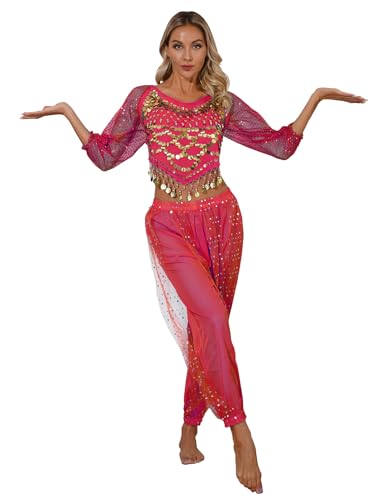 CHICTRY Femme Ensemble Danse Orientale 2PCS Haut Top Danse du Ventre & Pantalon Belly Dance Déguisement Princesse Indien Arabe Performance 2PCS Rose Vif Taille Unique