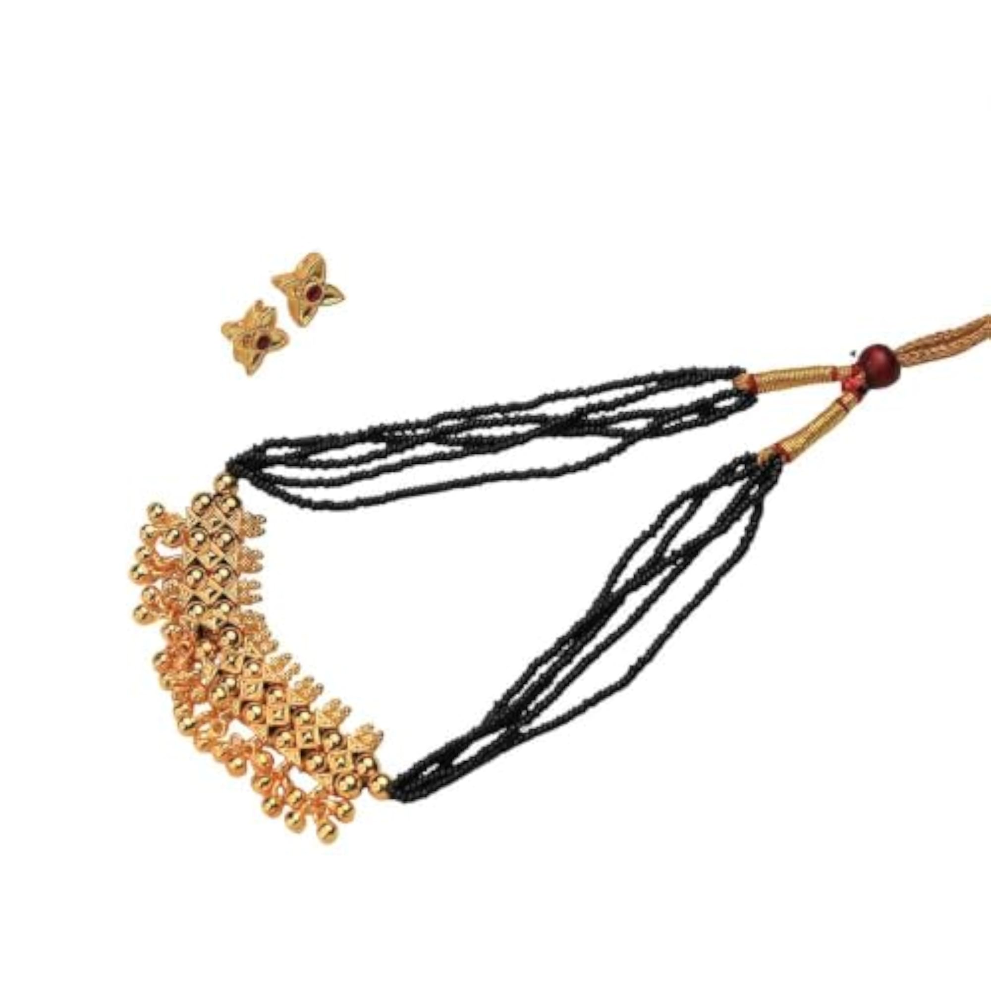 Women's Designer Temple Black Bead Mangalsutra Set with Earrings