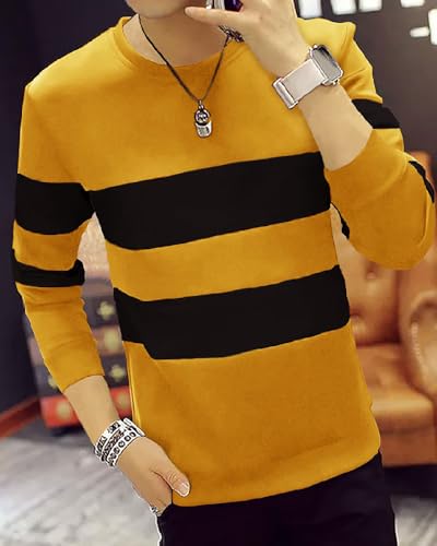 Image of EYEBOGLER Men's Striped Regular fit T-Shirt (T5 Light Mustard Black M)