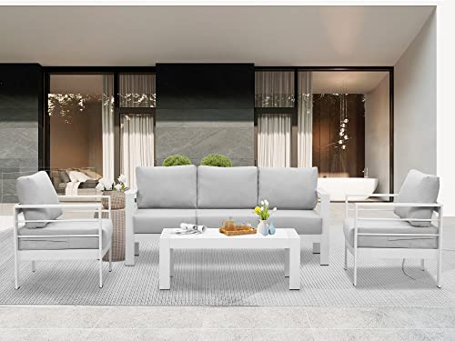 Wisteria Lane Aluminum Outdoor Patio Furniture Set, Modern Patio Conversation Sets, Outdoor Sectional Metal Sofa With 5 Inch Cushion And Coffee Table For Balcony, Garden, Light Grey #TOP1