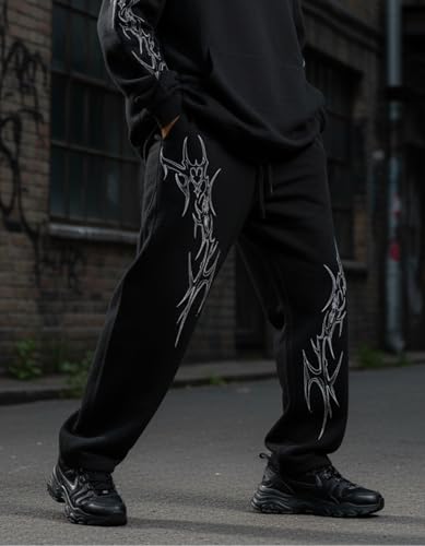 Image of Aesthetic Gothic Wide Leg Pants for Men | Tribal Print Baggy Streetwear | Oversized Track Pants with Elastic Waist | Black and White Relaxed Fit Bottoms