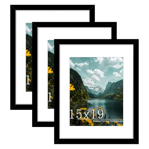 Picrit 15x19 Picture Frame 3 Pack, Black Poster Frame, Display Poster 11 x 14 with Mat or 15 x 19 without Mat for Horizontal or Vertical Wall Mounting