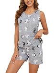 CHUNG Women's Short Pajama Set Cotton Tank Tee Top Pjs Shorts Cute Animals Print Summer Plus Size Grey Cat, XL