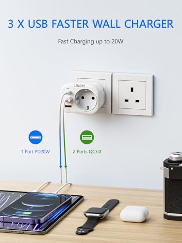 Adaptateur Prise UK LENCENT Type G avec Charge Rapide QC3.0 PD20W pour Voyage Angleterre