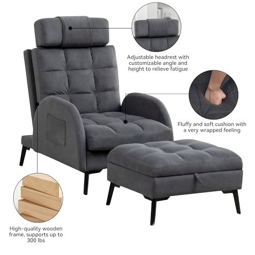 HCHAIRH Accent Chair with Ottoman Set, Reading Chair with Ottoman Storage and Adjustable Backrest, Modern Comfy Lounge Chair with Side Pocket for Living Room, Bedroom, Dark Grey