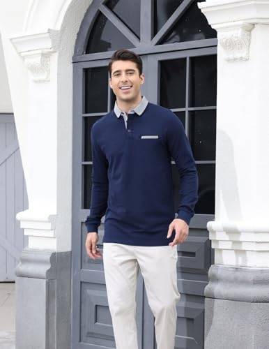 Camiseta polo para hombre de manga larga, estilo clásico con cuello a cuadros, ajuste slim, 100 % algodón miniatura 3