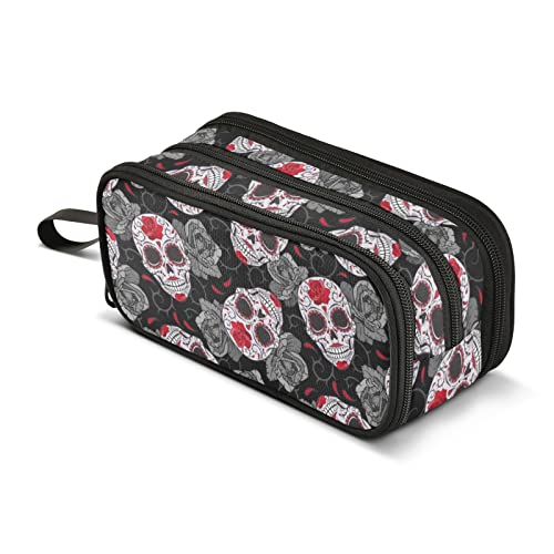 CHIFIGNO Large Capacity Gothic Skulls Roses and Thorns Pencil Case for Girls Teen Boys Kids, Cosmetic Makeup Bag for Women Adults, School Office Supply Accessory Zipper Pouch