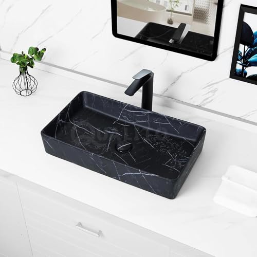 Image of QUALITO Designer Table Top Wash Basin for Bathroom, Living Room, Hall, Dinning Room | Big Size Ceramic Vessel Sink /Basin | Matt Finish Marble Vanity Basin (24x14x5 Inch, Livon)