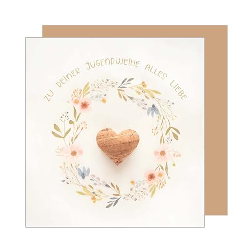 Edition Seidel Premium quadratische Glückwunschkarte zur Jugendweihe mit Umschlag. Jugendweihekarte Karte Grußkarte Junge Mädchen Jugendliche Blumenkranz Herz Blumen (JWQ105 SW025)