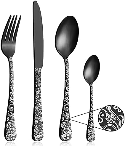 Matte Black Cutlery Set, Pleafind 32 Piece Flatware Set, Service for 8, Stainless Steel Silverware Set Include Knife Fork Spoon, Unique Pattern Design, Dishwasher Safe