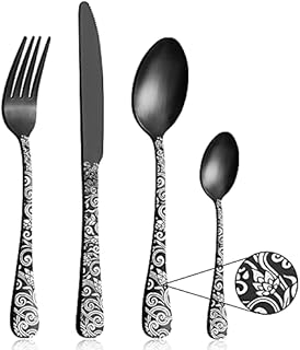 Matte Black Cutlery Set, Pleafind 32 Piece Flatware Set, Service for 8, Stainless Steel Silverware Set Include Knife Fork Spoon, Unique Pattern Design, Dishwasher Safe