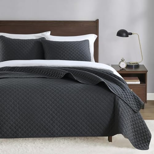 HORIMOTE HOME Ultrasonic Quilt Set King Size, Lightweight Summer Quilt Bedding Set, Dark Grey Geometric Pattern Bedspreads & Coverlets for All Seasons - 3 Pieces