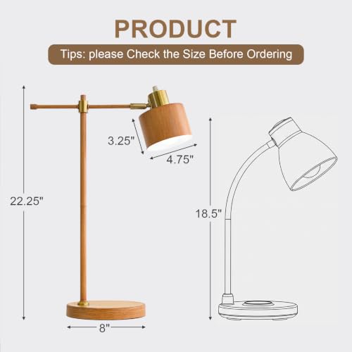 Image of OYEARS 22.2 inch Mid Century Desk Lamp, Modern Metal Table Lamp with LED Bulb, Adjustable Reading Lamps, Industrial Task Lamp for Home Office, Farmhouse Bedside Lamps with Solid Base, Woodgrain