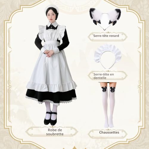 Hamanasu Robe de Maid Costume Cospaly à manches longues pour femme française, avec robes, tabliers, couvre-chef, pour Halloween, carnaval, cosplay, taille 2XL – vue 4