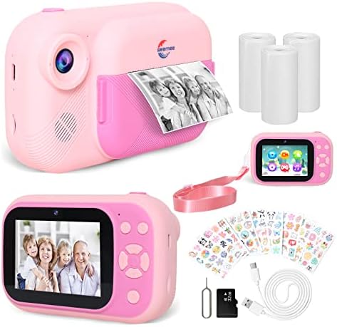 Seemee Instant Print Camera for Kids, Funny Selfie Camera, Kids Digital Camera with 3.5" Screen, 32G Card, Print Papers, Stickers, Dual Cameras HD 1080P, Birthday Gifts Toys for Boys Girls (Rose Pink)