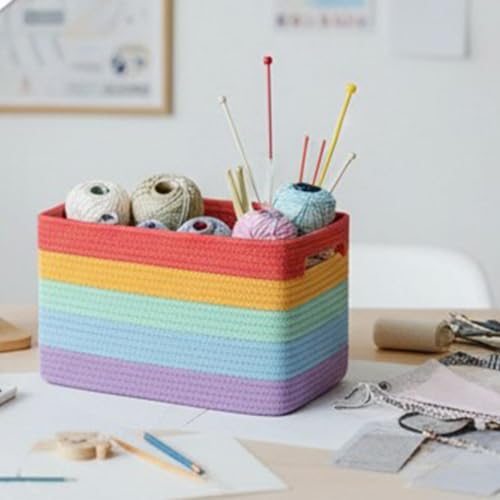 Cesta tejida de cuerda de algodón arcoíris multiusos para el hogar 6