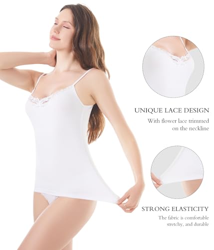 Image of Womens Tank Top Camisoles with Premium Cotton Italian Design - Trimmed with Flower Lace on Neckline