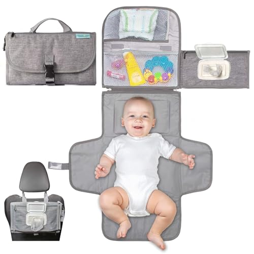 SKY-TOUCH Baby Portable Diaper Changing Mat Waterproof Travel Change Mat with Wipes Pocket Smart Design Portable Changing Mat Infant Travel Station Kit Gift for Newborn Girl & Boy - Grey