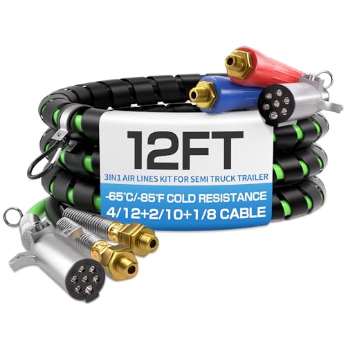 Deluwire 12FT 3 in 1 Semi Truck Air Line Kit Air Hoses Wrap 7 Way Trailer Cord Power Air Line Trailer Cord and Air Hoses Assembly for Semi Trucks Trailer Tractor