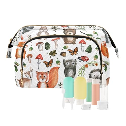 senya Travel Makeup Bag Cosmetic Bag Wide-open Pouch Toiletry bag Make Up Organizer Case with bottles kit for Women (Cute Woodland Animals)