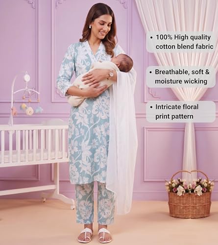 Image of DUMMY SHAPE Maternity Dresses for Women Cotton | Floral Kurta Pant Dupatta Set with Nursing Zippers, Side Pocket | Pre & Post Pregnancy | Feeding Kurti Suit | Baby Shower | Gifts for Pregnant Woman