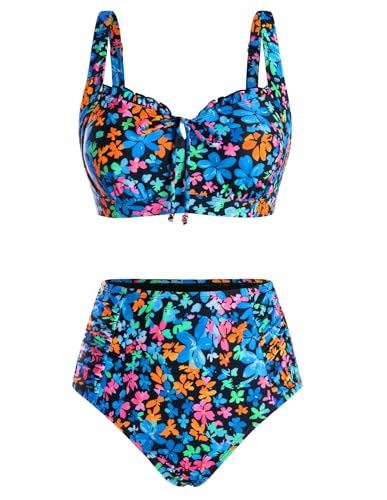 Hanna Nikole Swimming Suits for Women, Floral Print Boho Swimsuit High Waist, Full Coverage Bikini Set — view 6