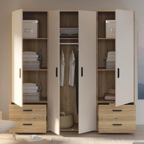 Forte Jupiter Kleiderschrank 200 210, Schrank mit 4 Drehtüren und 4 Schubladen, Kaschmir/Beige, Sand/Mauvella Eiche Dekor, 205,9 cm breit, 200,1 cm hoch, 52,7 cm tief