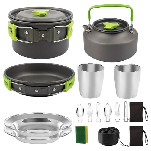 Fesatccoz Camping Cookware Mess Kit Protable Aluminum Alloy Cooking Gear Camping Pots and Pans Set with Stainless Steel Cups Plates Forks Knives Spoons for 2-3 People