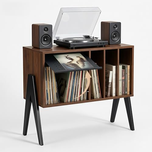 Record Player Stand with Vinyl Storage Cabinet, 32'' Mid Century Modern Turntable Console Table for Albums Display, Heavy-Duty Media Audio Bookshelf for Speakers & Stereo, Black Walnut Wood