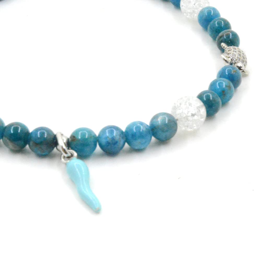 Cavigliera pietre naturale Apatite e Cristallo di rocca con corno azzurro in argento 925 portafortuna