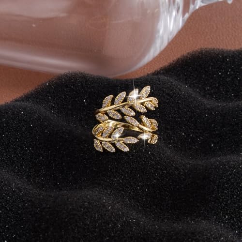 Kokoma Elegant Leaf Wrap Ring for Women Shiny Cubic Zirconia Ring Adjustable Open Finger Band Gold Plated Olive Leaf Rings Wedding Anniversary Chic Jewelry4