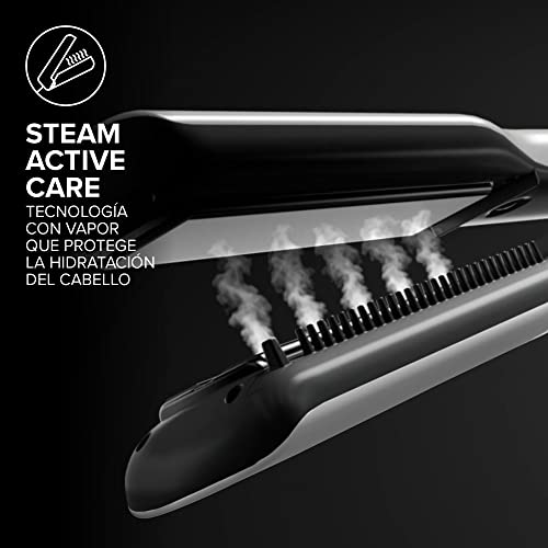 Bellissima Imetec Steam Elixir, Plancha de pelo con vapor, alisa en una sola pasada sin dañarlo, revestimiento cerámica y aceite de Argán, calentamiento cápido, 4 temp, alfombrilla termoresistente