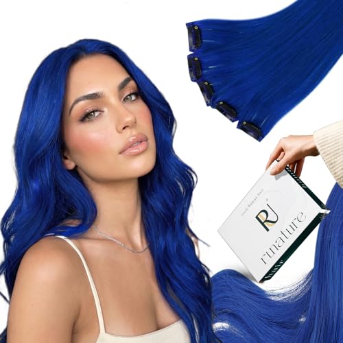 RUNATURE Blue Clip in Hair Extensions Human Hair 22 Inch