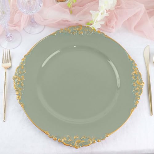 Efavormart 6 Pack Dusty Sage 13" Round Baroque Charger Plates Leaf Embossed Rim for Tabletop Decor Catering Event Decoration