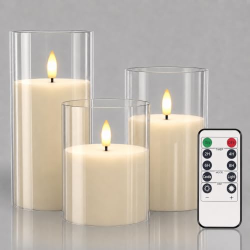 Zavqyn Ivory Glass Flameless Pillar Candles with Remote Timer, 3 Pack
