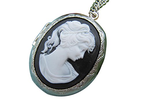 Silver Cameo Locket Necklace Black White Cameo Necklace Vintage Lady Cameo Photo Locket Large Oval Locket #TOP22
