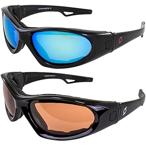 Hurricane Eyewear Category 5 Jet & Water Ski Sunglasses to Goggles Hybrid 2 Pairs Black Frames w/Blue Mirror & Driving Mirror Lenses Cover
