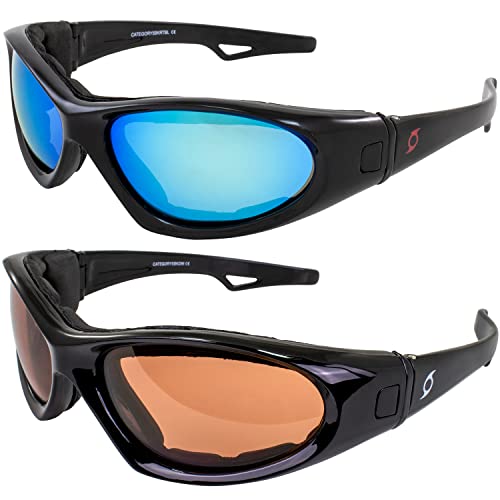 Hurricane Eyewear Category 5 Jet & Water Ski Sunglasses to Goggles Hybrid 2 Pairs Black Frames w/Blue Mirror & Driving Mirror Lenses