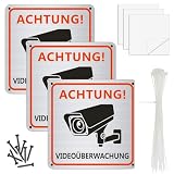 3 Stück Videoüberwachung Schild, 15 x 15 cm Aluminium Hinweisschild Videoüberwachung, Schilds Kameraüberwachung mit Selbstklebend und 4 Bohrlöcher