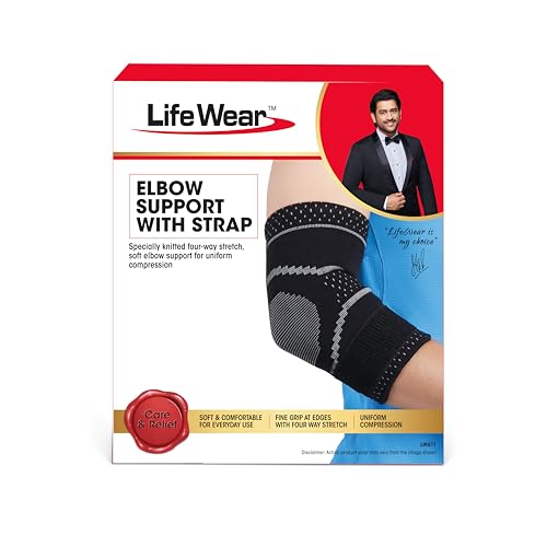 Image of Life Wear Elbow Support with Strap, Compression Brace for Pain Relief and Joint Stability, Adjustable Elbow Sleeve for Gym, Tennis, Badminton, Cricket, Breathable and Stretchable, Unisex, Size (S)