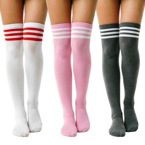 Image of DRESHOW 3 Pairs Thigh High Socks Striped Over Knee Thin Tights Long Stocking Knee High Leg Warmer