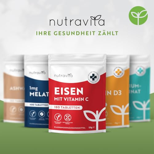Eisentabletten mit 40 mg Eisen + Vitamin C (80mg) - 180 vegane Tabletten - Eisen Vitamin C Hochdosiert - ohne unerwünschte Zusatzstoffe - 6 Monate Vorrat - Hergestellt von Nutravita
